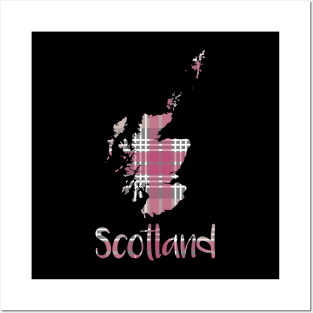 Scotland Pink, White and Grey Tartan Map Typography Design Posters and Art